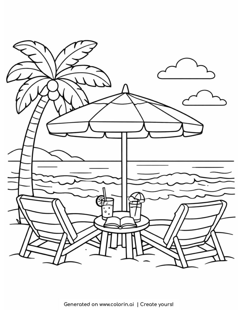 beach chairs under umbrella seaside coloring page with ocean waves and drinks