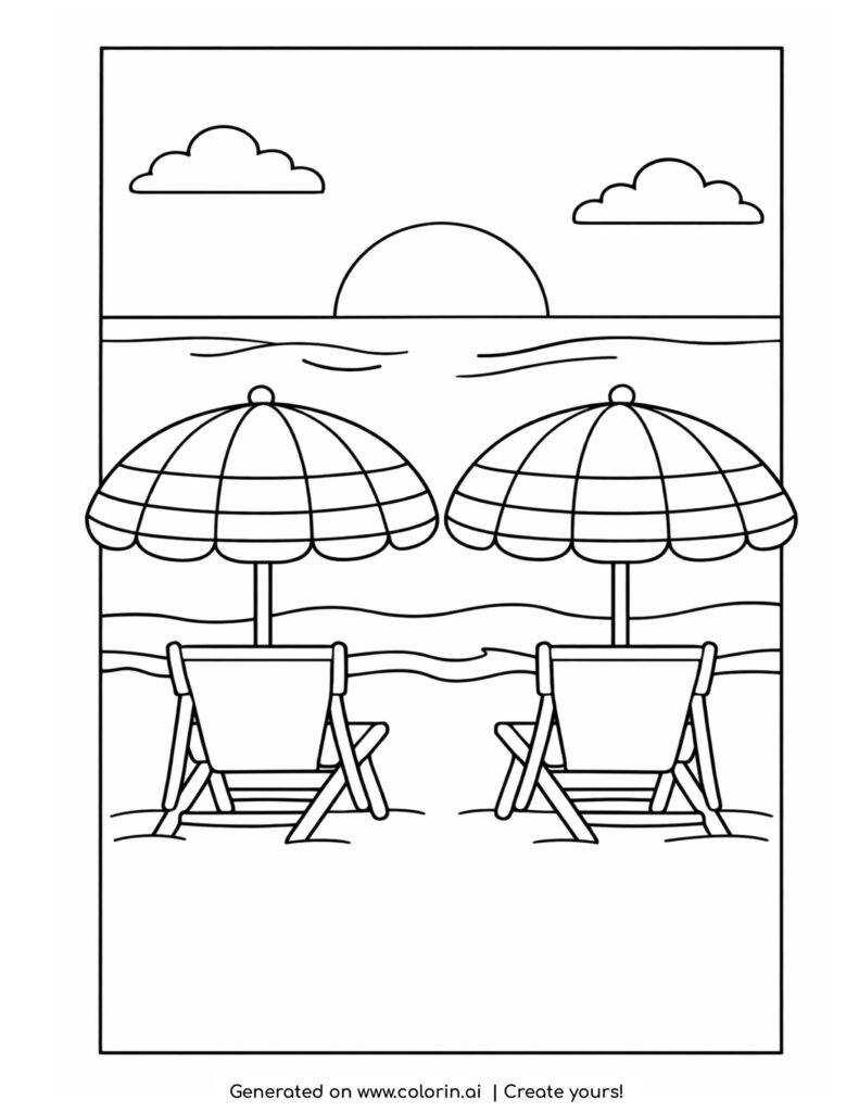 beach chairs under umbrellas by ocean coloring page with sunset and waves