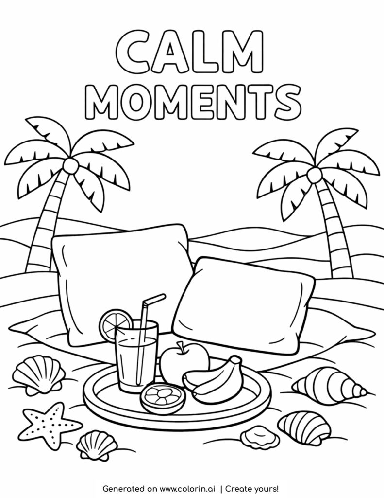 beach cushions with fruit tray coloring page with drink shells and palm trees