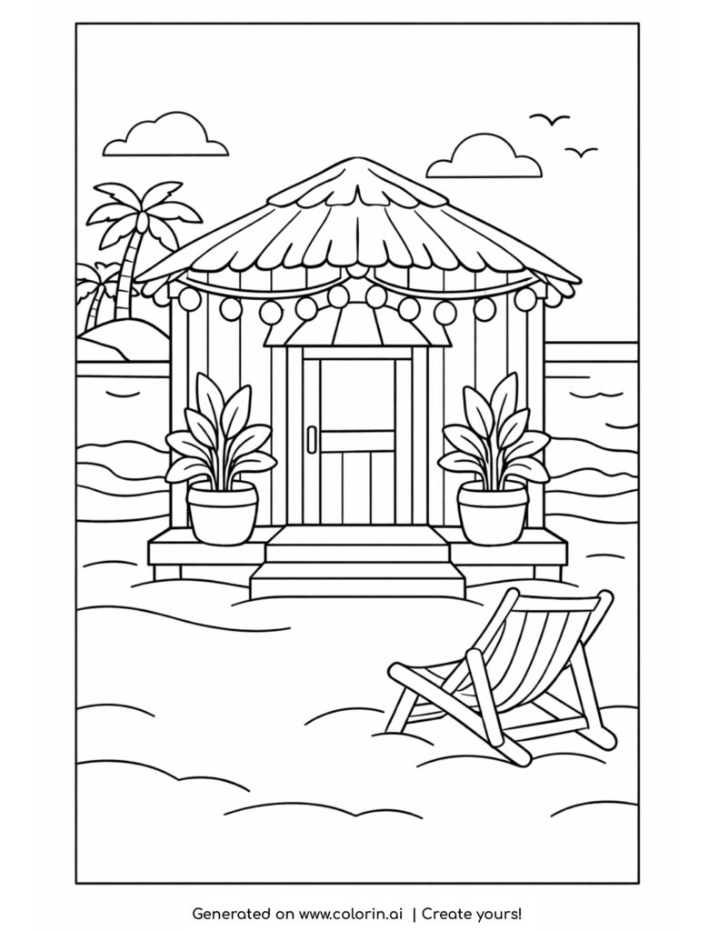 beach hut with chair by sea coloring page with wooden cabin and lounge chair