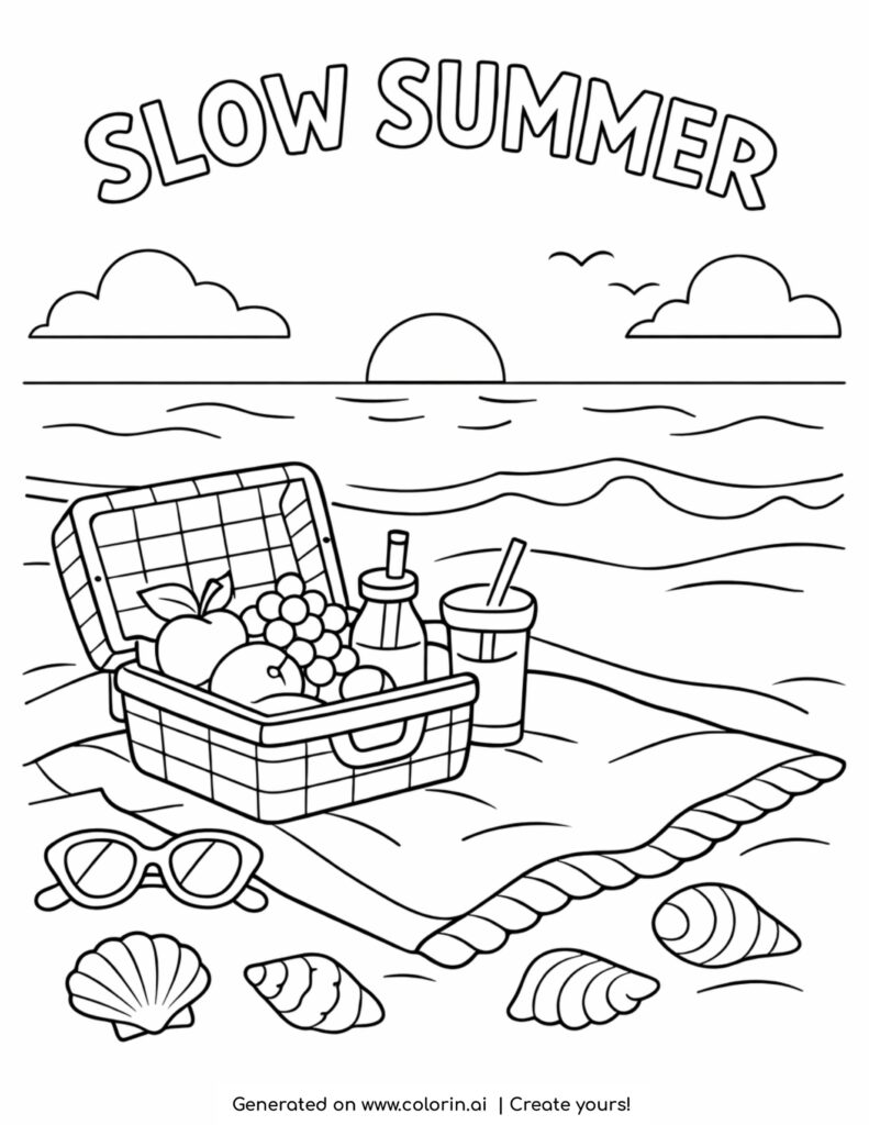 beach picnic basket by ocean coloring page with sunset, blanket and seashells