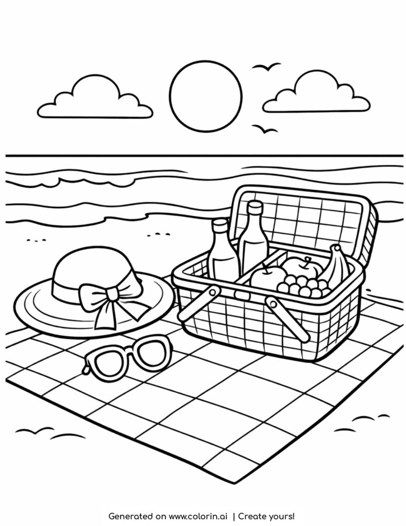 beach picnic basket with hat and sunglasses coloring page with ocean and blanket