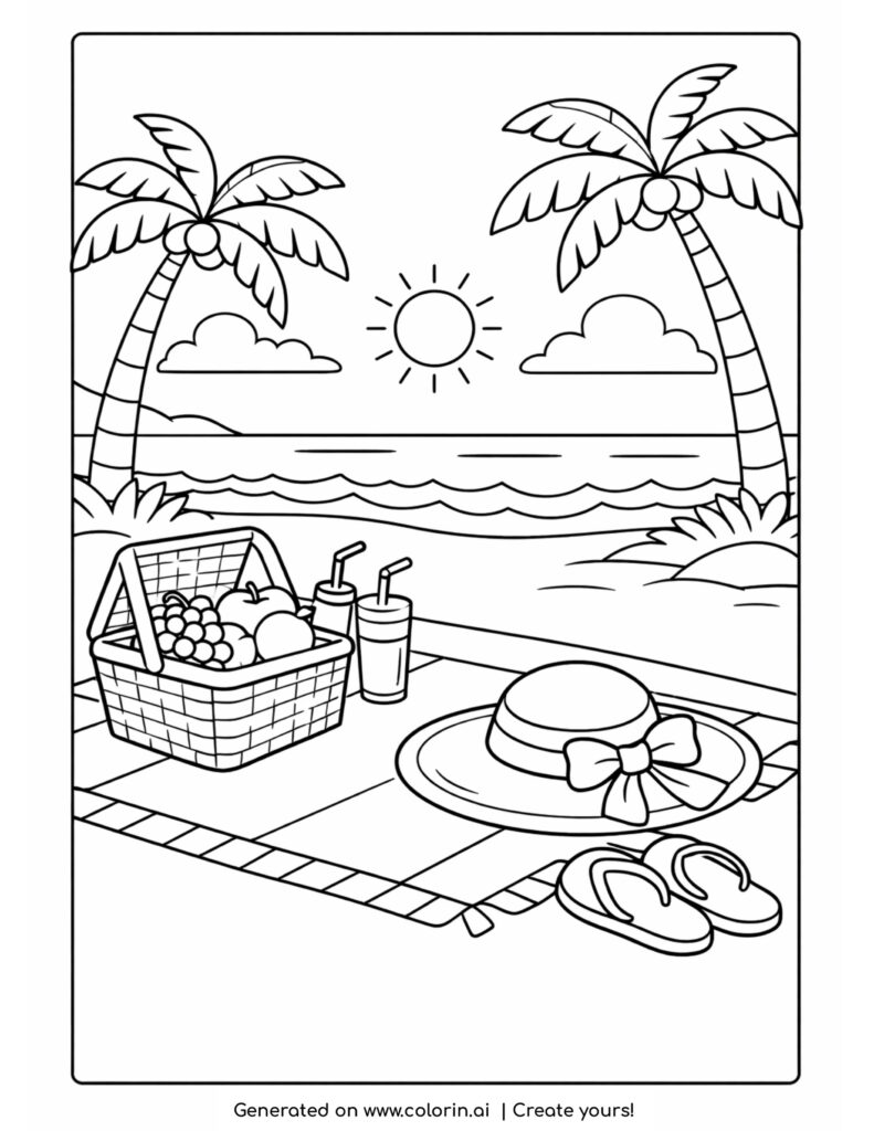 beach picnic setup with hat by ocean coloring page with basket drinks and palm trees
