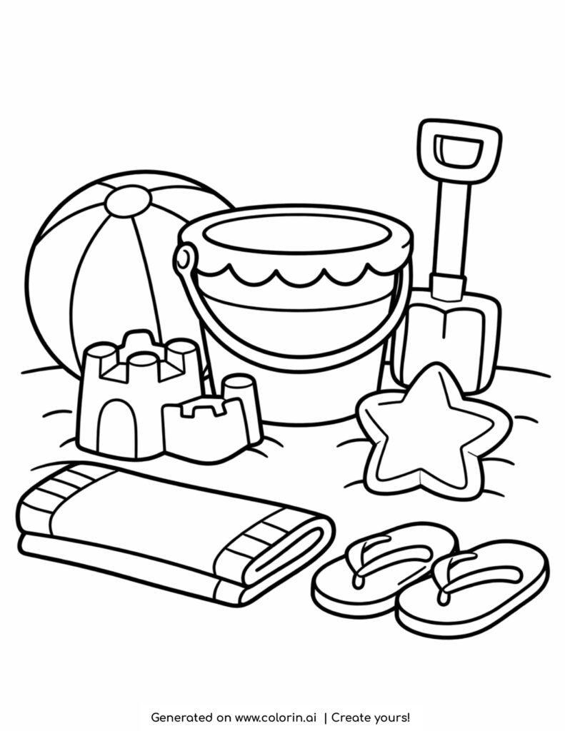 beach sand toys set with bucket coloring page with shovel ball and sandals
