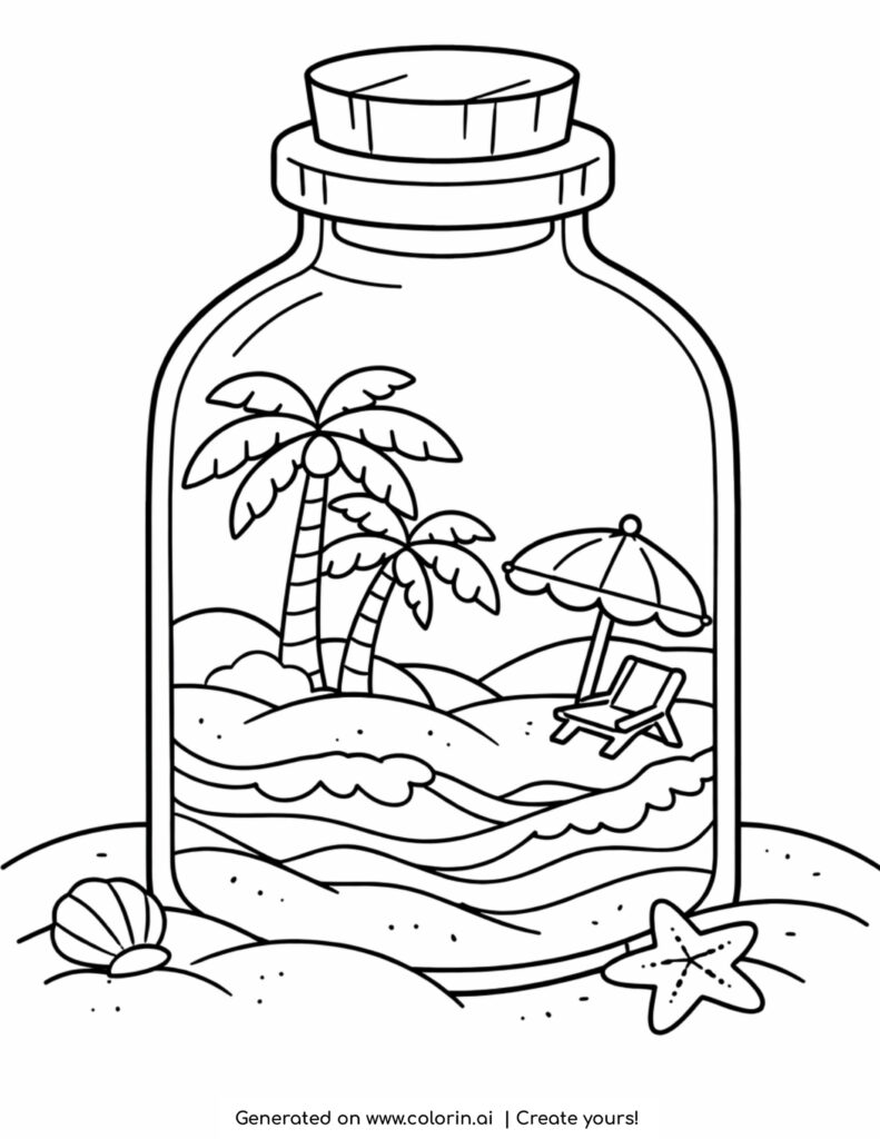 beach scene inside bottle coloring page with palm trees and umbrella in a glass bottle