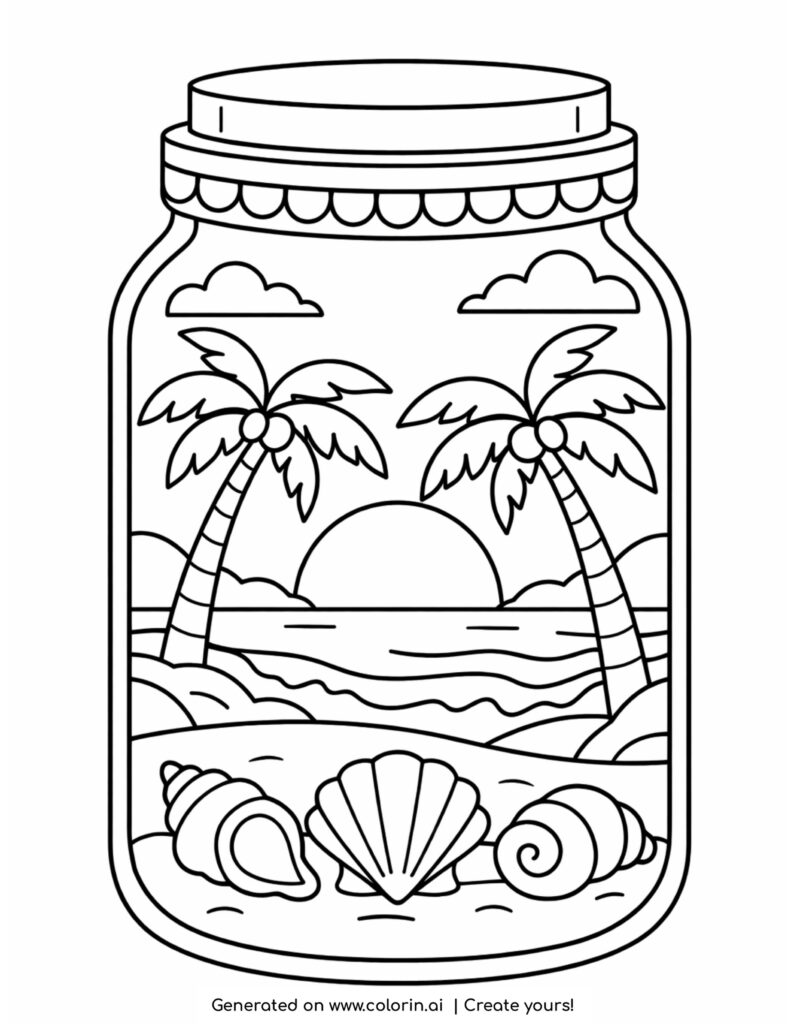 beach sunset in a jar coloring page with palm trees and seashells