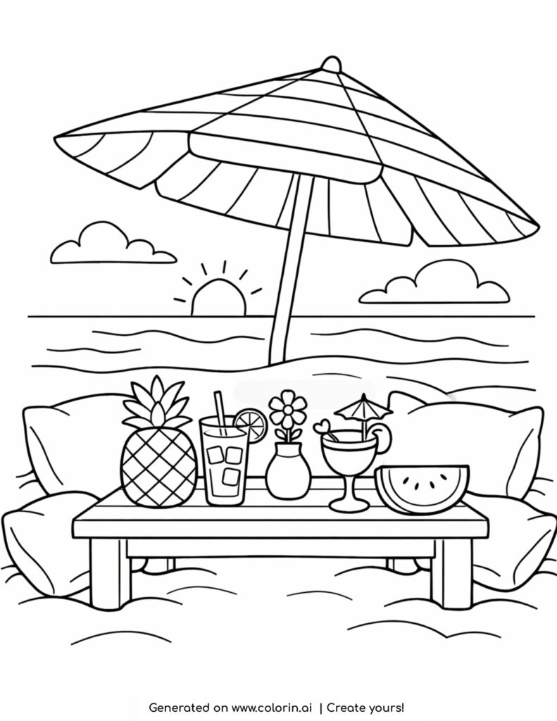 beach table with drinks under umbrella coloring page with fruits cushions and ocean