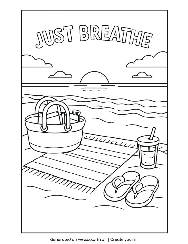 beach towel with bag by ocean coloring page with sandals drink and sunset