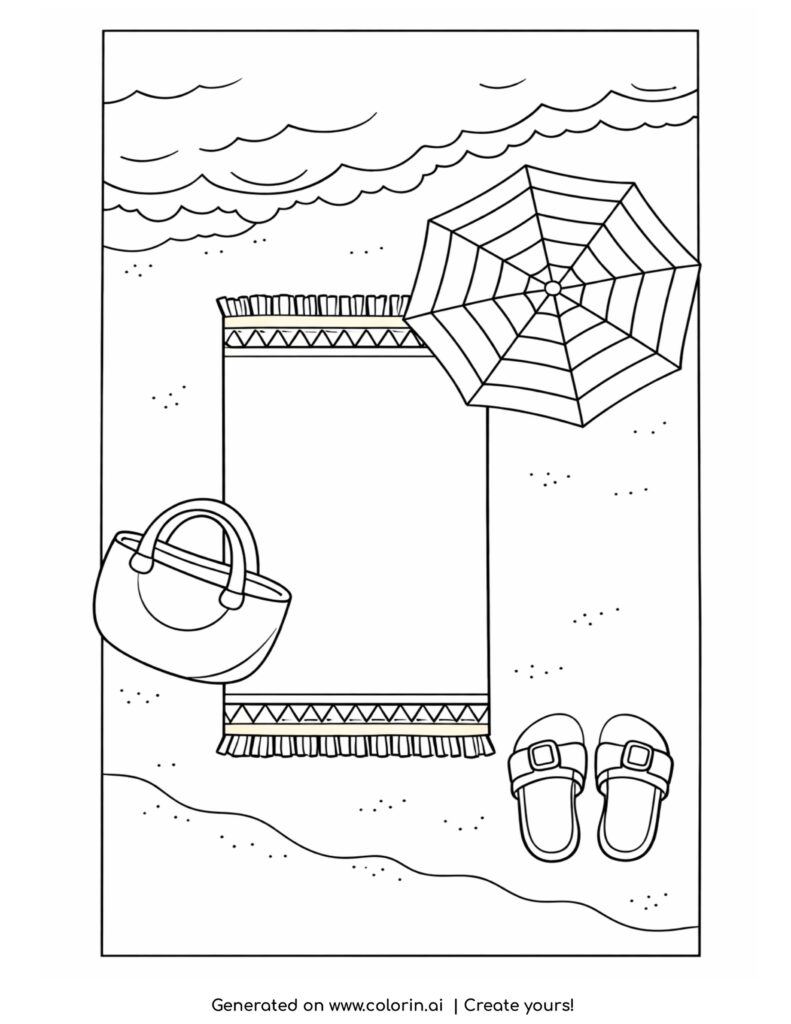 beach towel with umbrella and bag coloring page with sandals and ocean edge