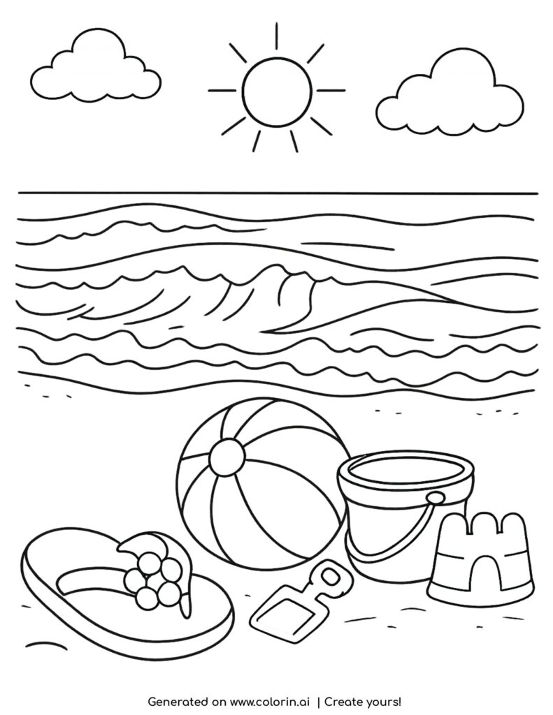 beach toys and ball by ocean waves coloring page with bucket shovel and sandal