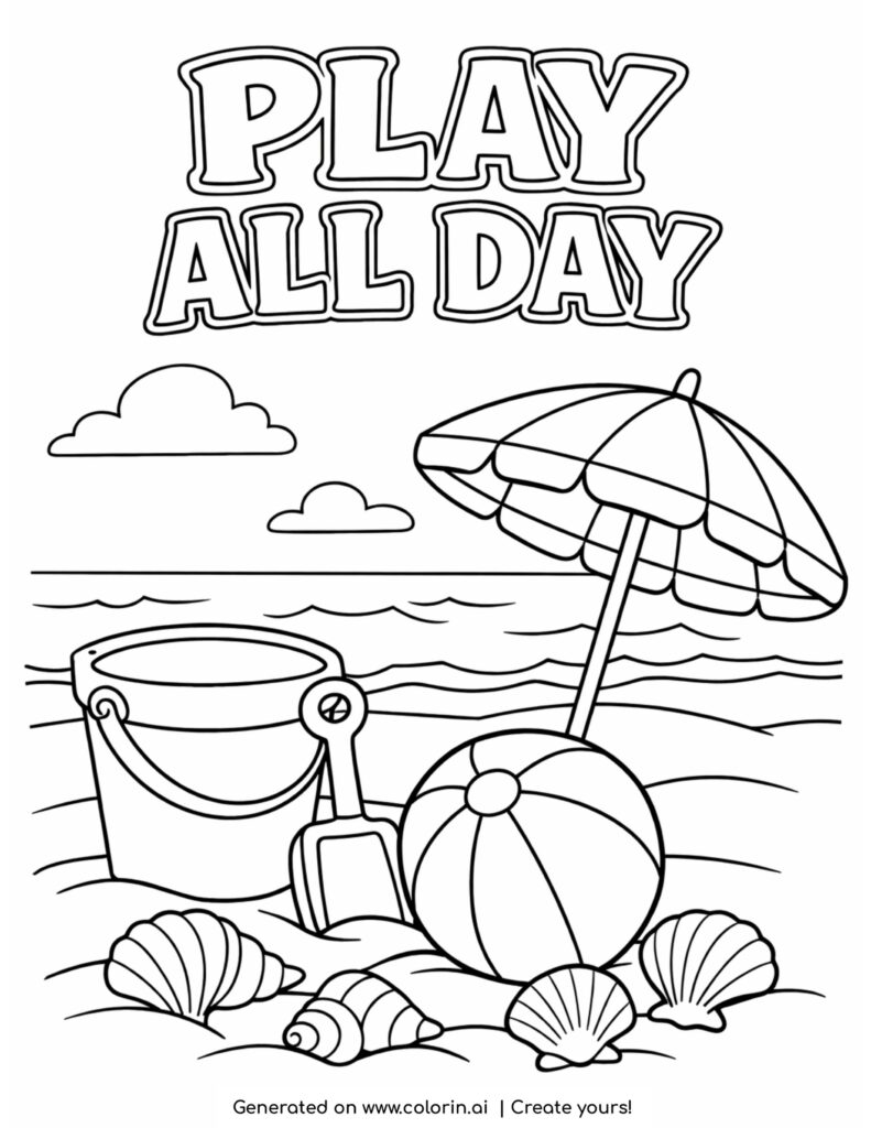 beach toys with umbrella by ocean coloring page with bucket ball and seashells