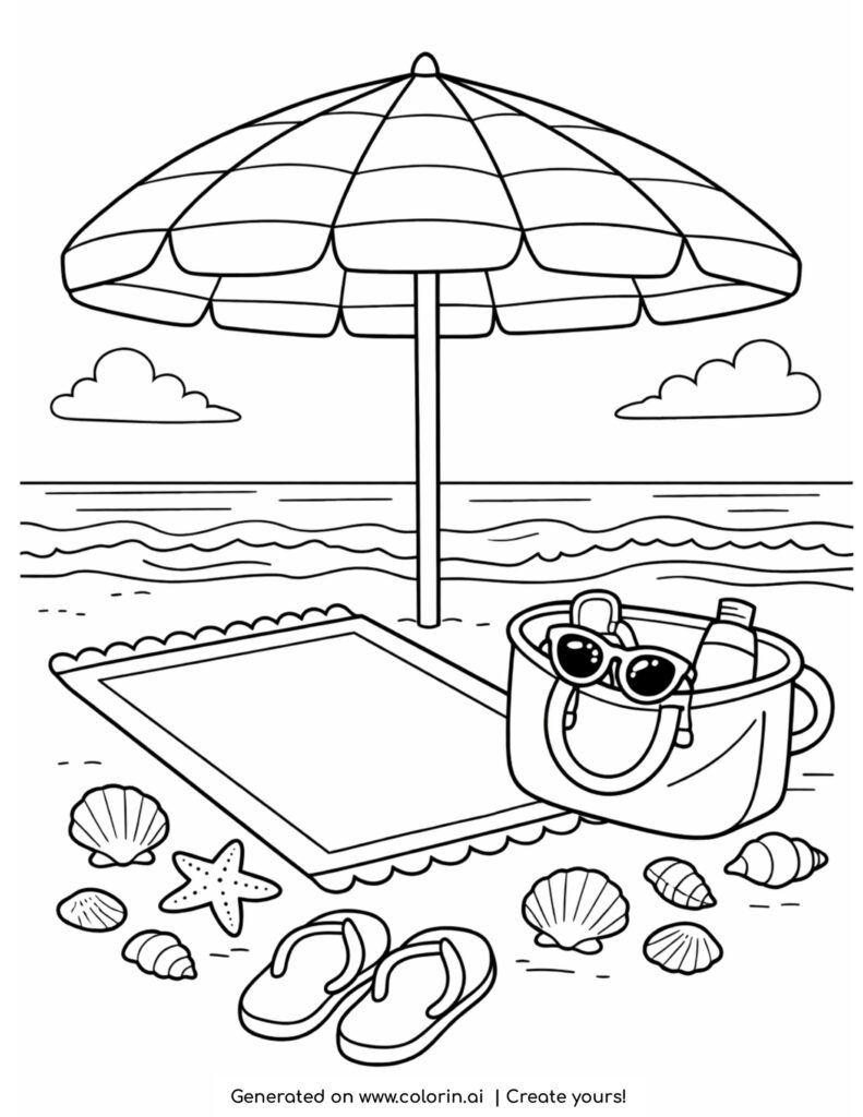 beach umbrella with towel bag coloring page with seaside scene and accessories