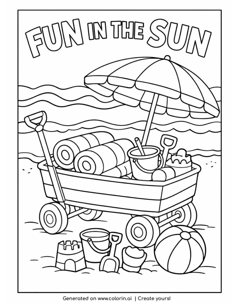 beach wagon with toys and umbrella coloring page with fun in the sun text and waves