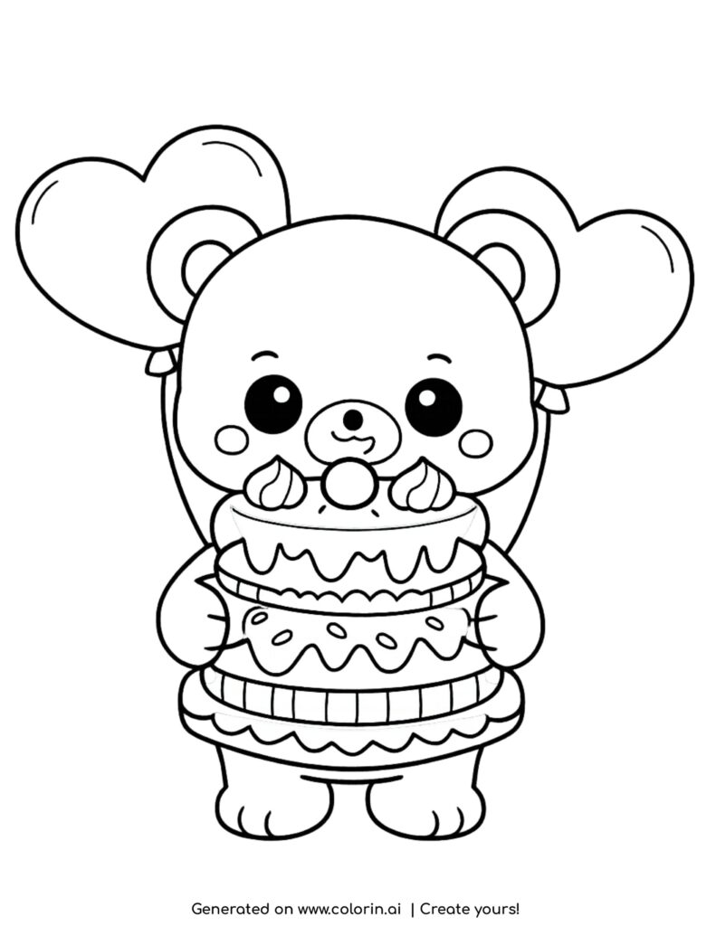 bear holding birthday cake coloring page with heart balloons behind