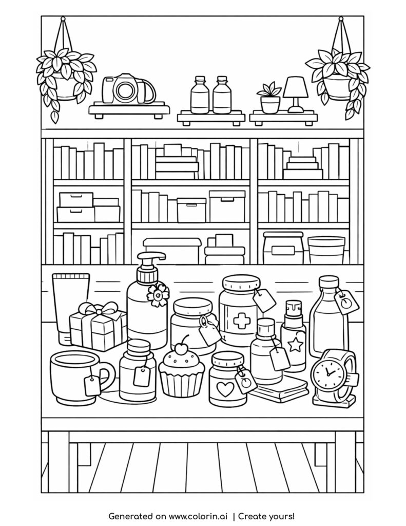 beauty table with shelves and decor coloring page with jars and plants