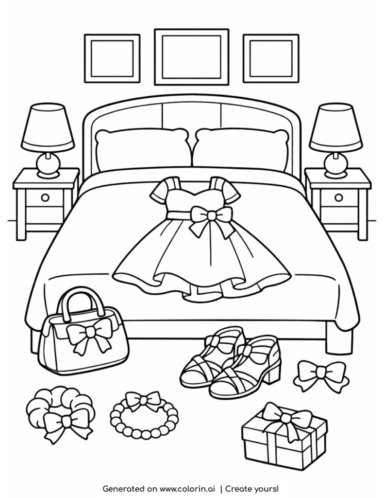 bedroom scene with dress and accessories coloring page with bed shoes and handbag