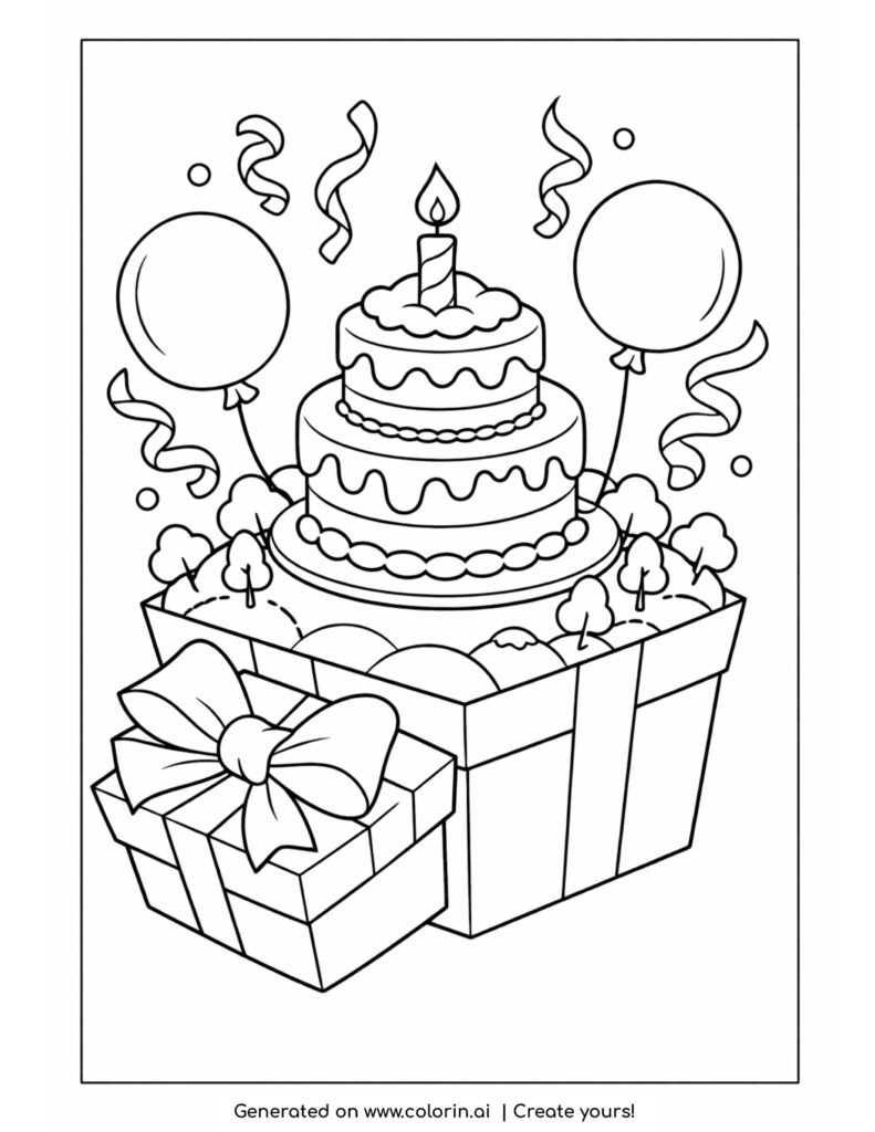 birthday cake in gift box with balloons coloring page with ribbons and decorations