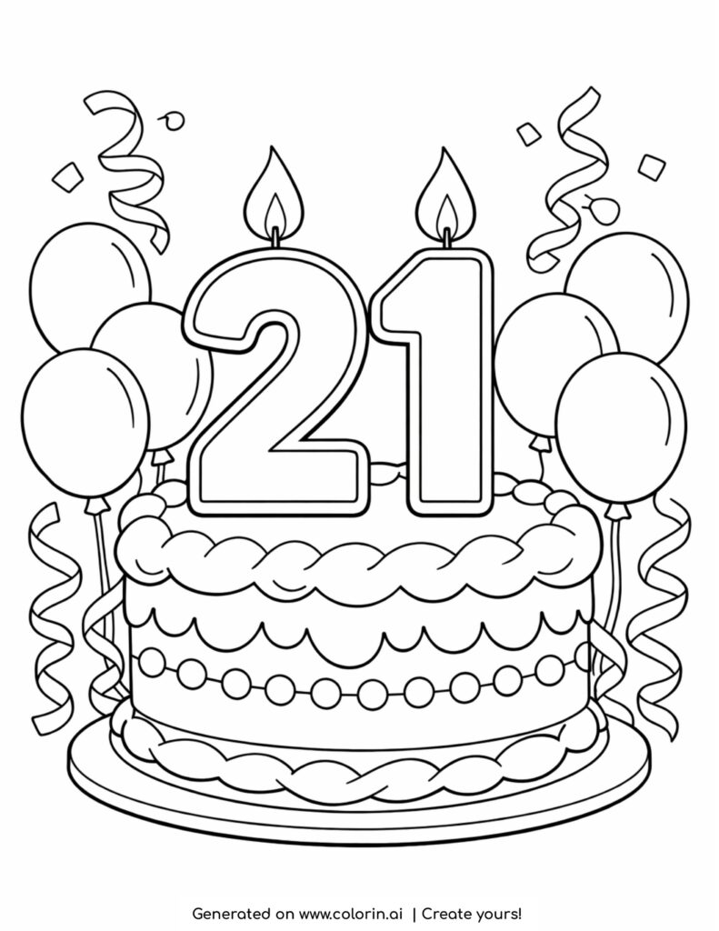 birthday cake with number 21 candles coloring page with balloons and streamers