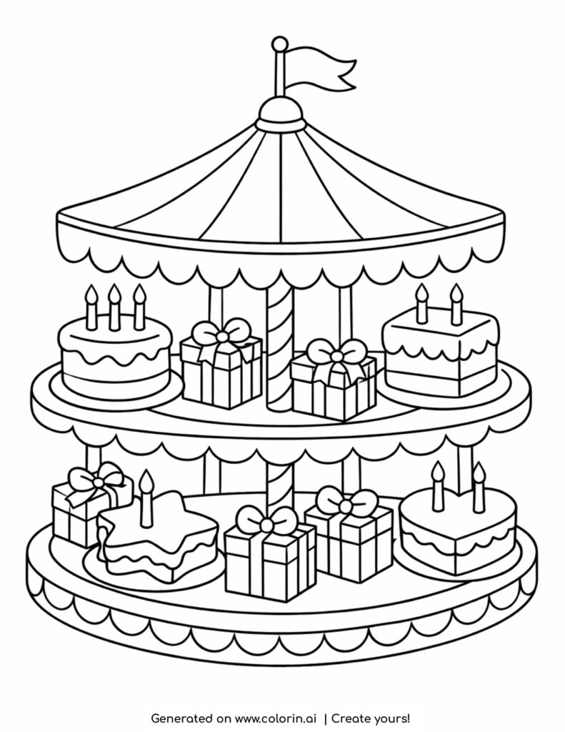 birthday carousel with cakes and gifts coloring page with candles and presents