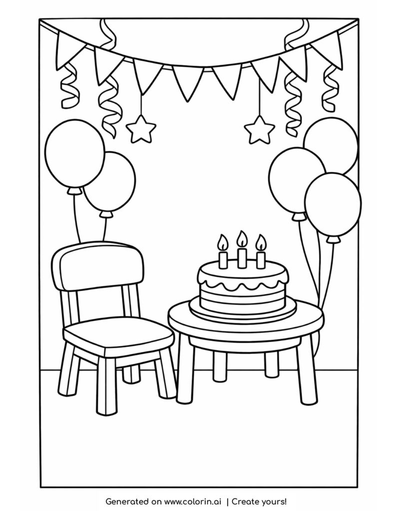 birthday corner with cake and chair coloring page with balloons and hanging decorations