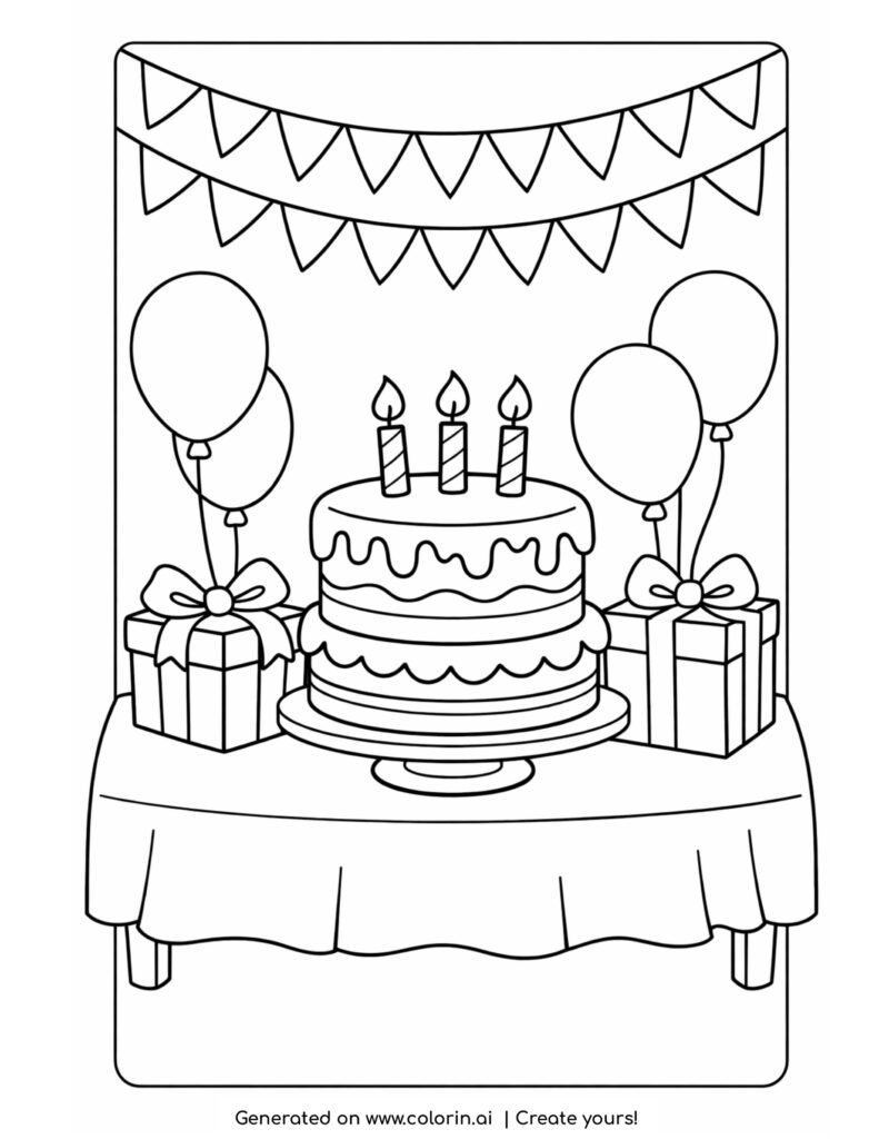 birthday table with cake balloons coloring page with gifts and hanging banners