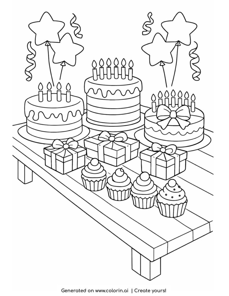 birthday table with cakes and cupcakes coloring page with gifts and star balloons