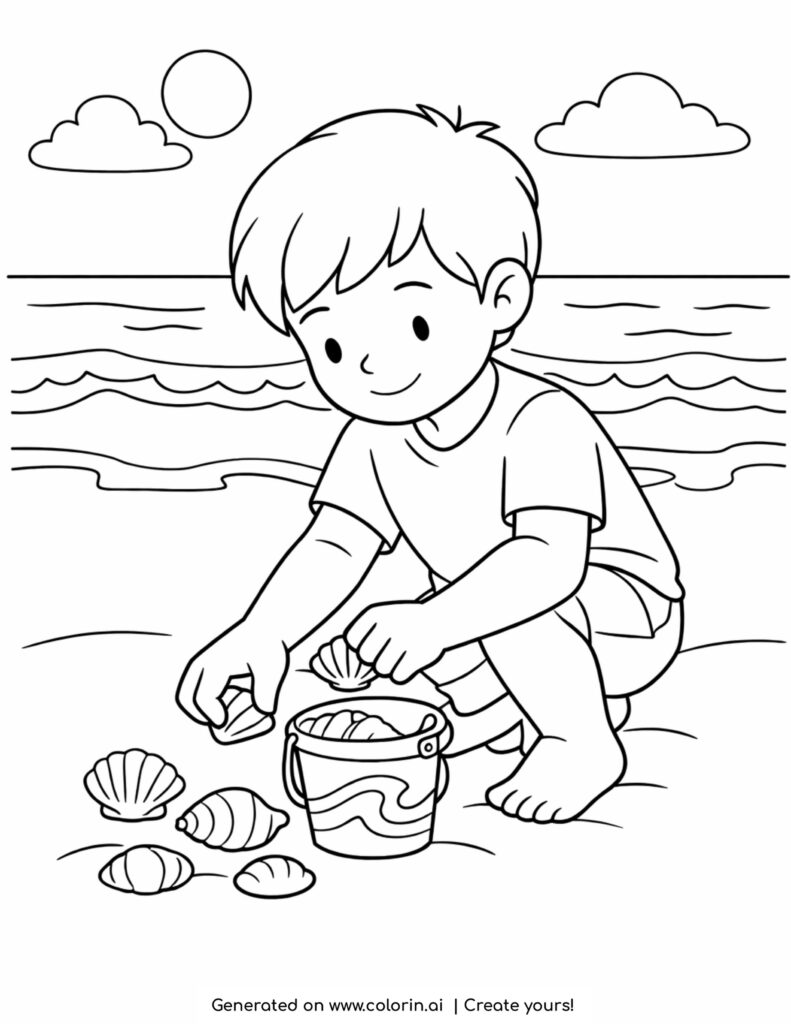 boy collecting seashells on beach coloring page with bucket and ocean background