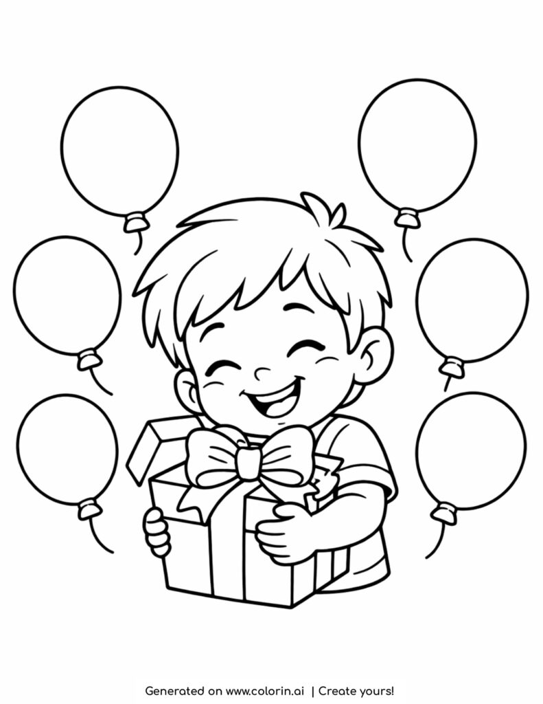 boy hugging gift with balloons coloring page with smiling child and floating balloons