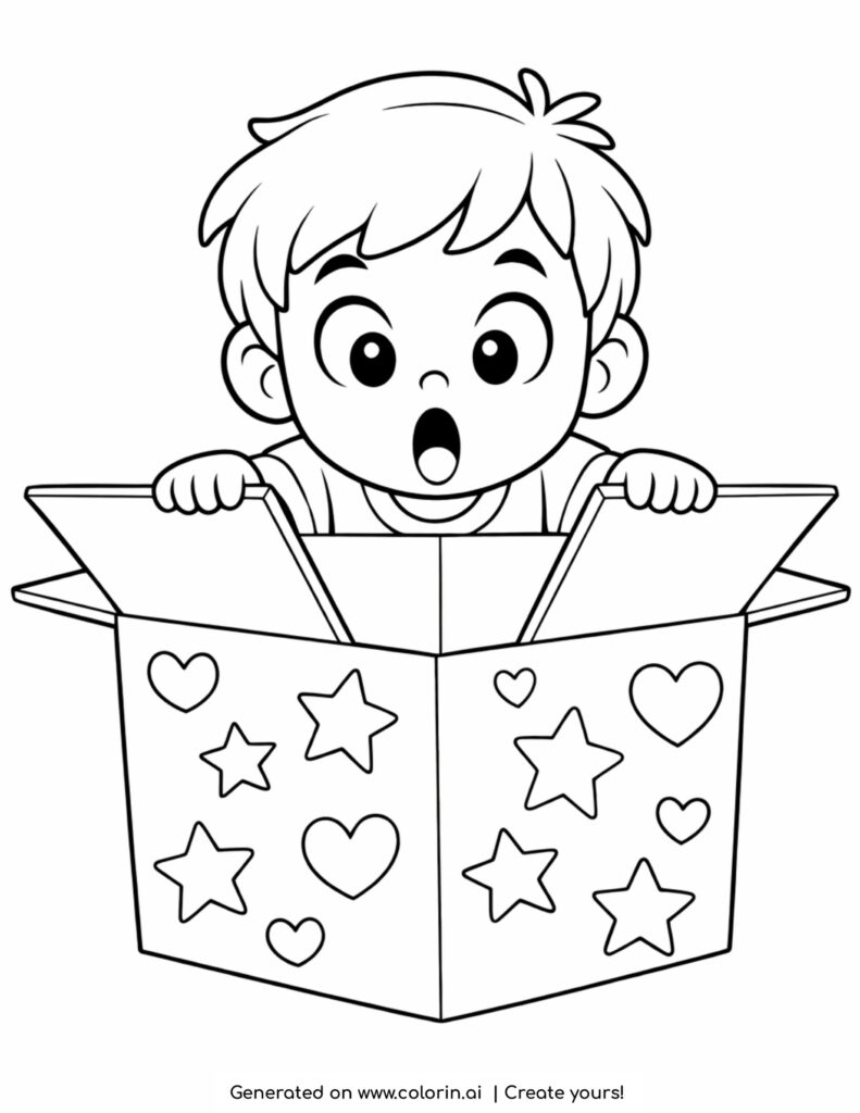 boy looking inside surprise gift box coloring page with stars and hearts on box
