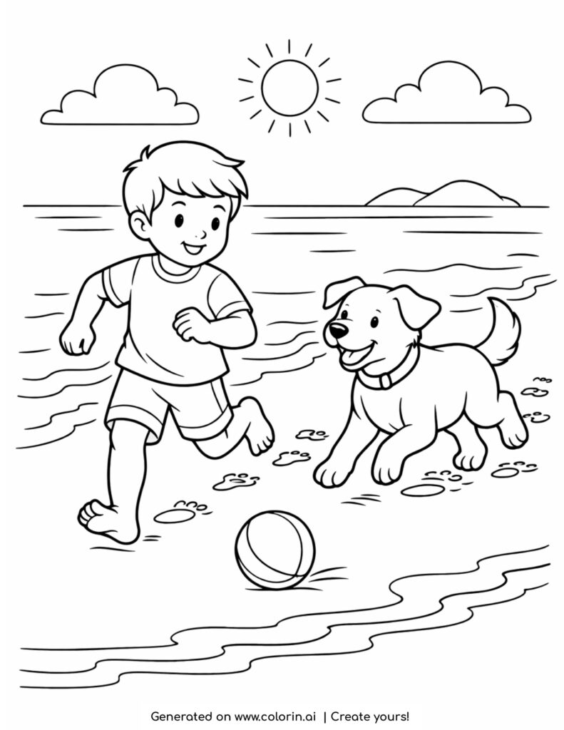 boy running with dog beach coloring page happy child and puppy by the sea coloring page