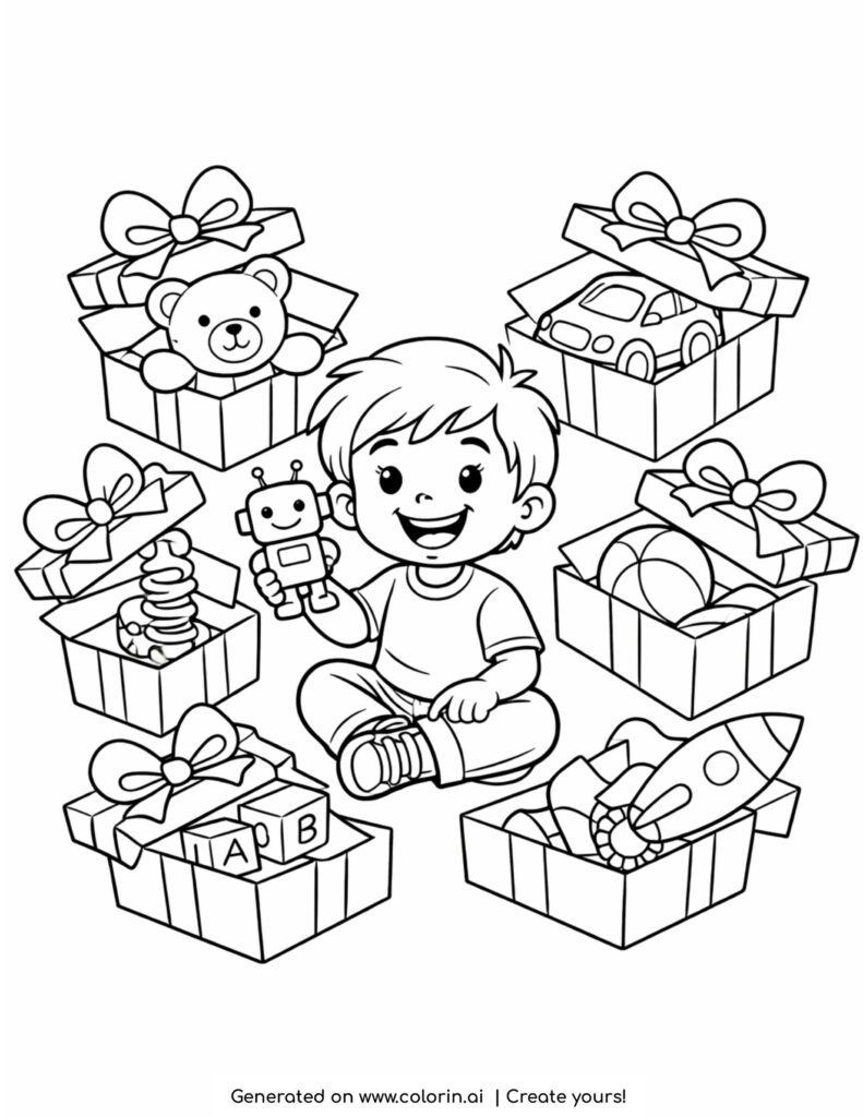 boy sitting with toys and gift boxes coloring page with teddy bear robot and rocket