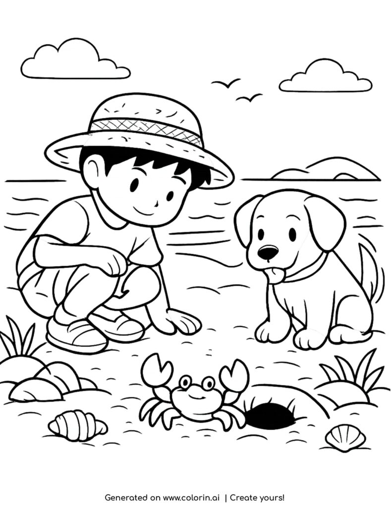 boy watching crab with dog coloring page child and puppy observing crab on the beach coloring page