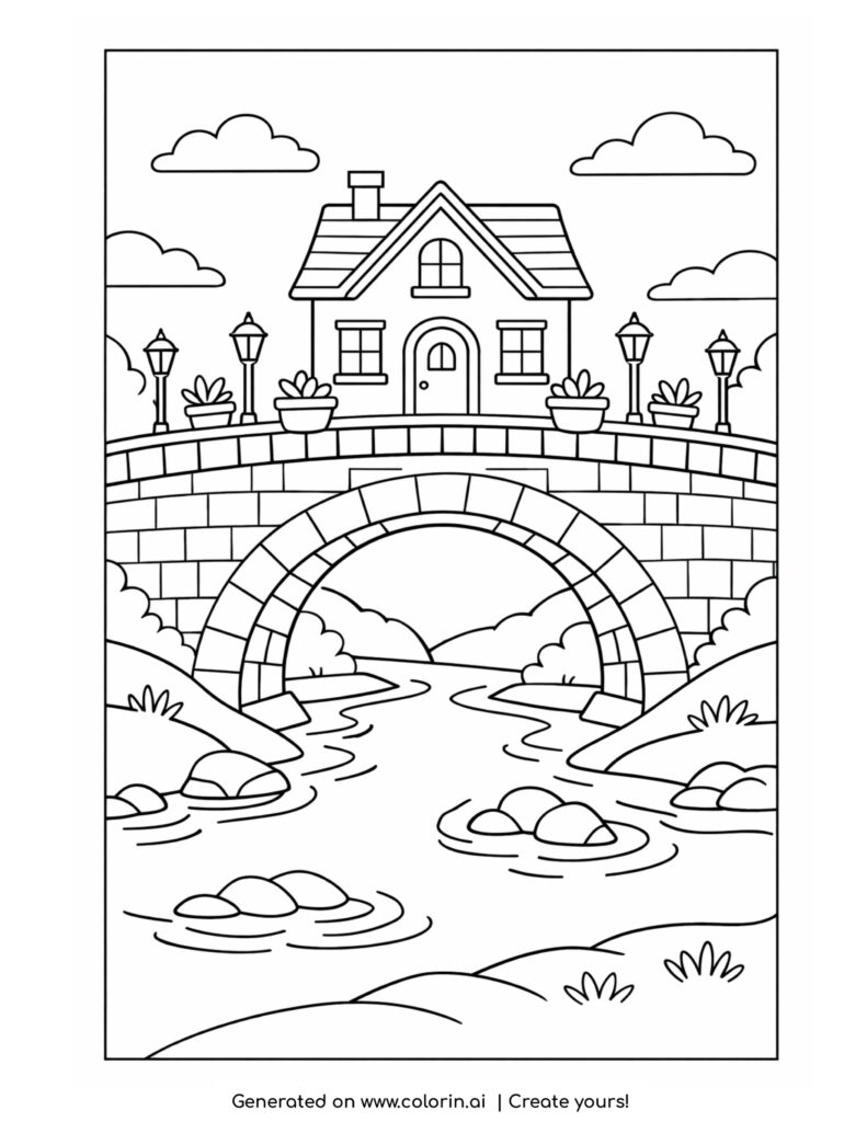 brick arch bridge over river coloring page simple stone bridge scene