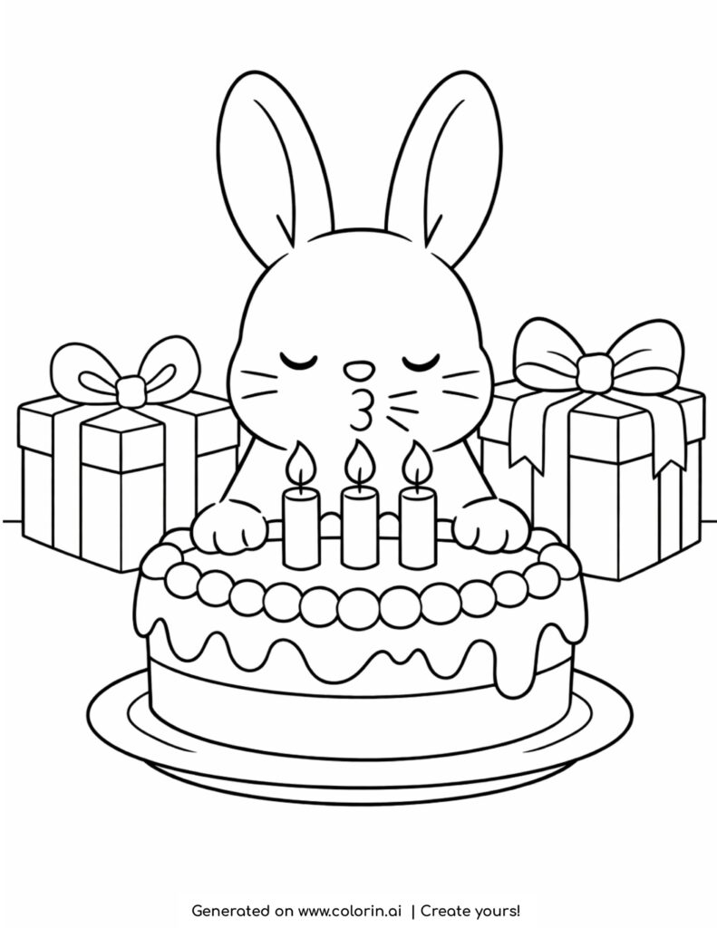bunny blowing birthday candles coloring page with cake and wrapped gifts