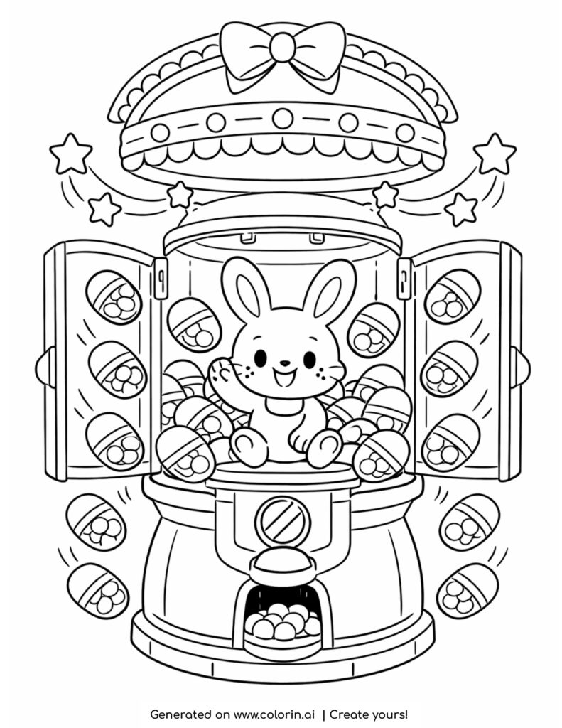 bunny inside candy capsule machine coloring page with stars and falling capsules