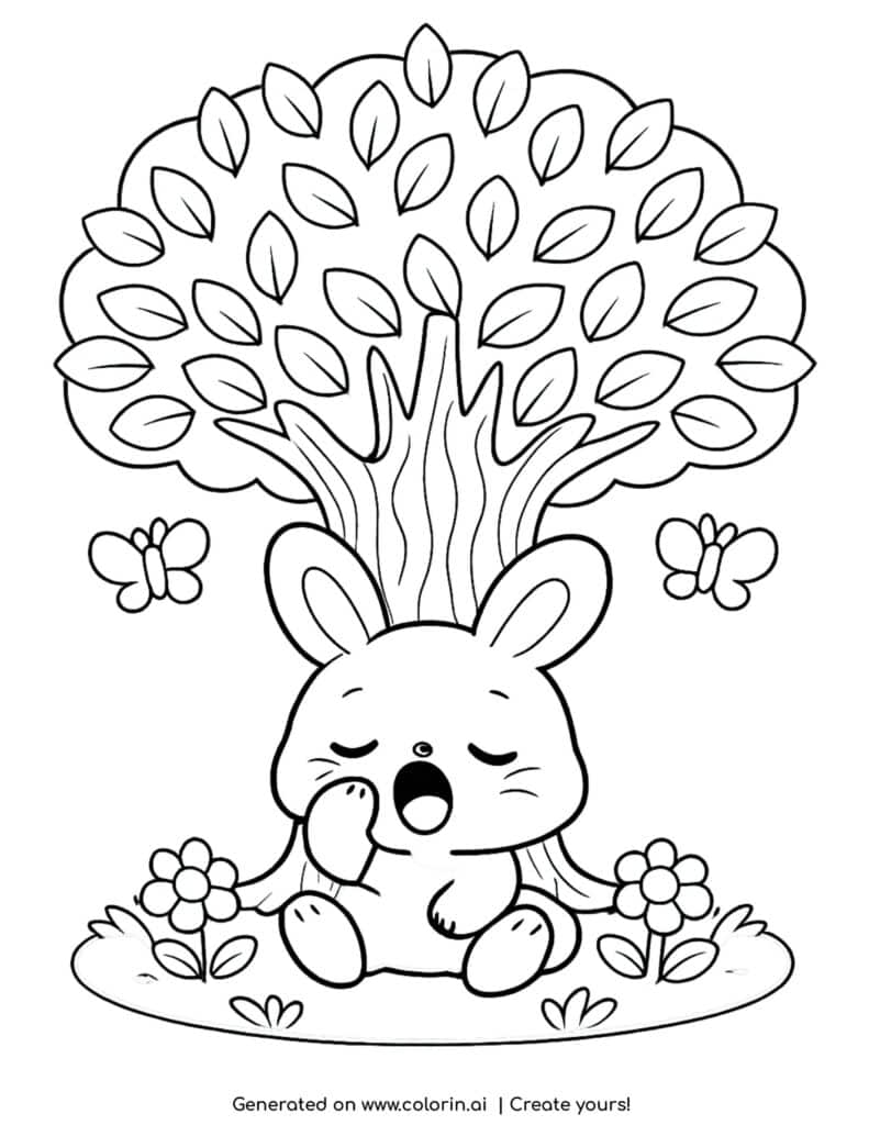 bunny yawning under tree coloring page with flowers and butterflies around