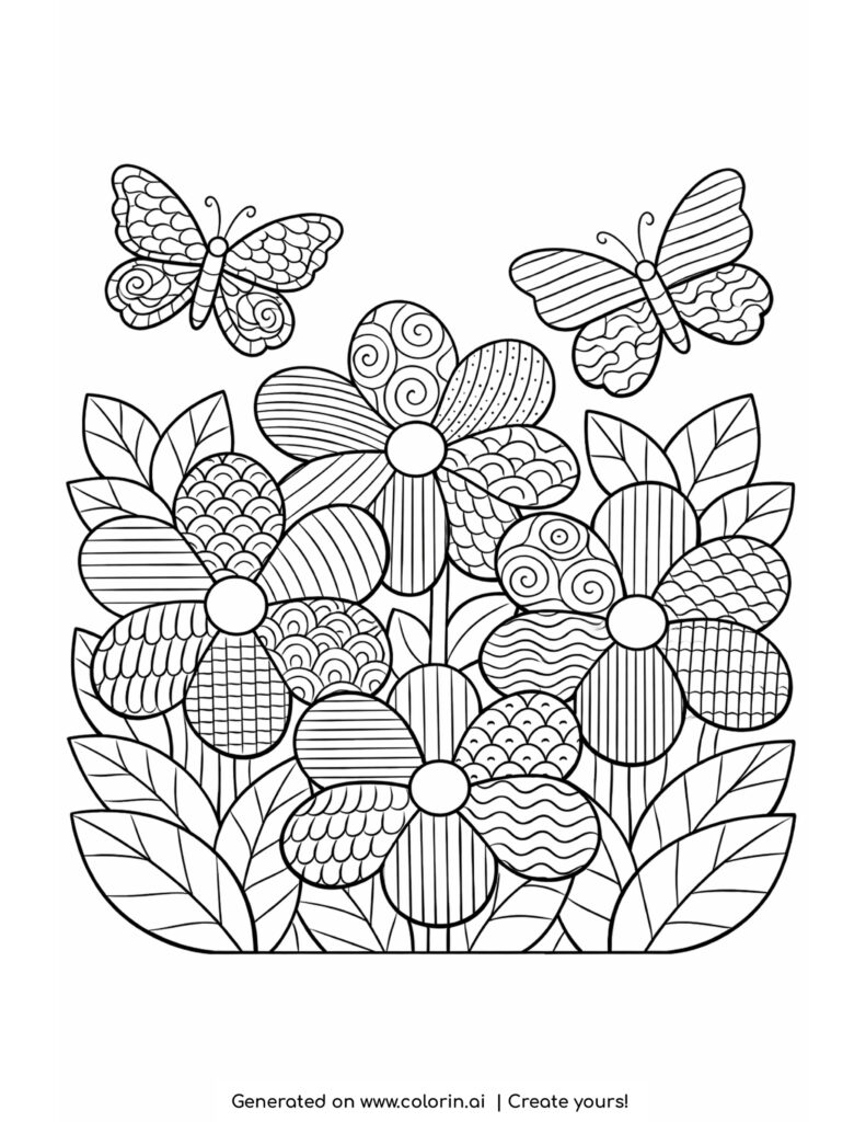 butterflies flying over patterned flowers coloring page with detailed floral patterns