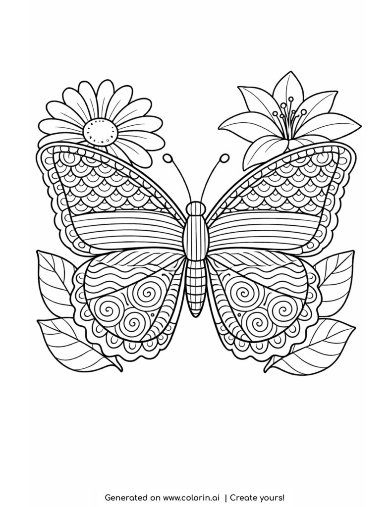 butterfly with flowers and leaves coloring page with patterned wings and floral elements