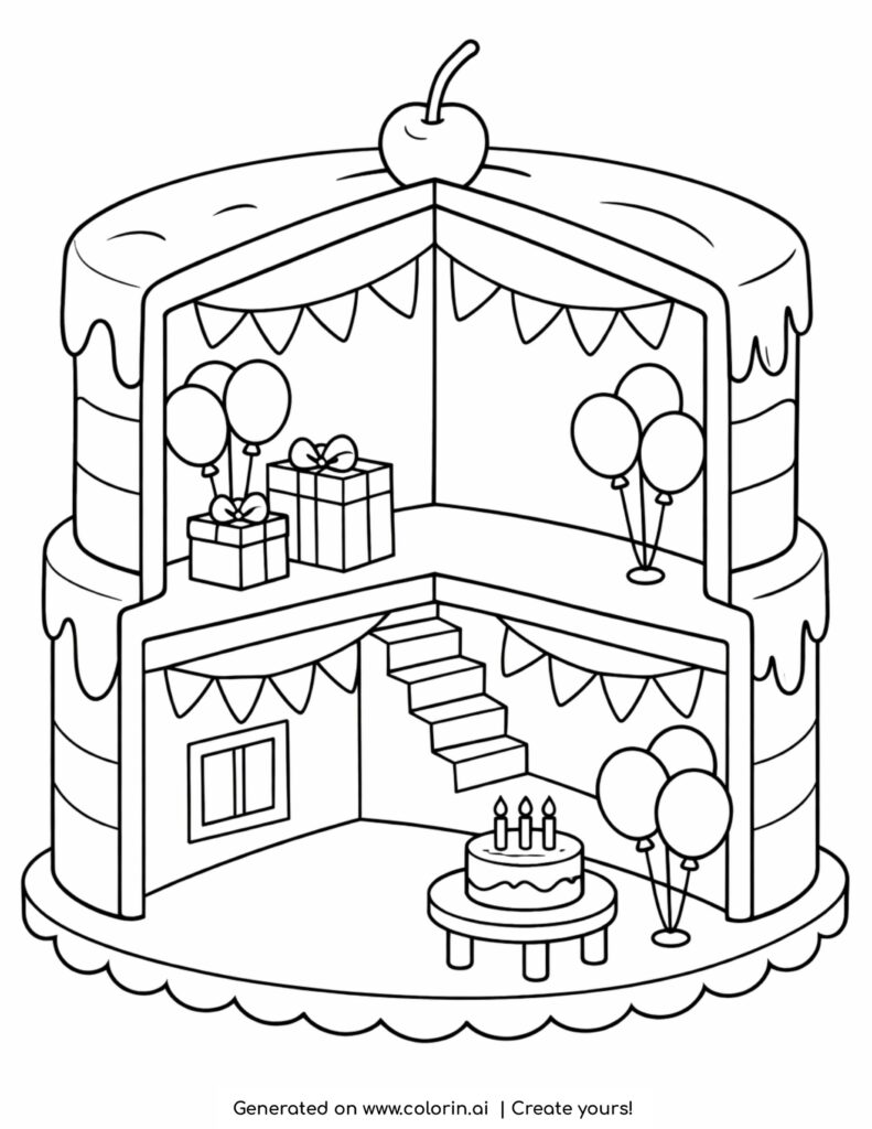 cake shaped house with balloons coloring page with rooms and birthday decorations coloring page