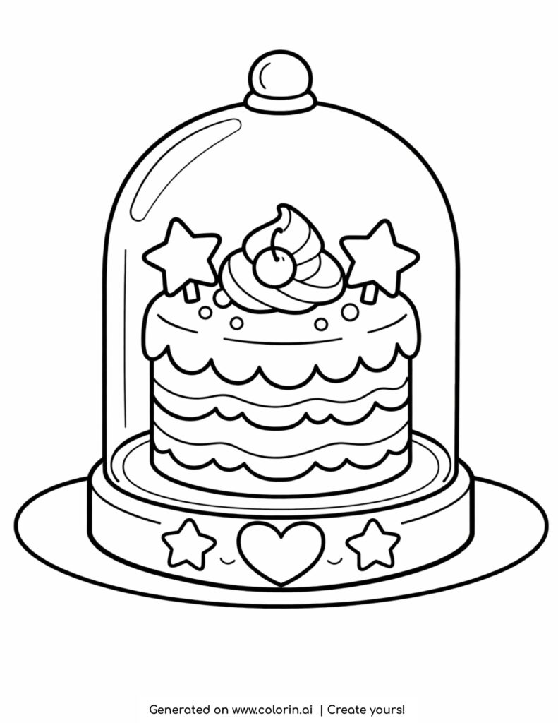 cake under glass dome coloring page with stars and heart decorations