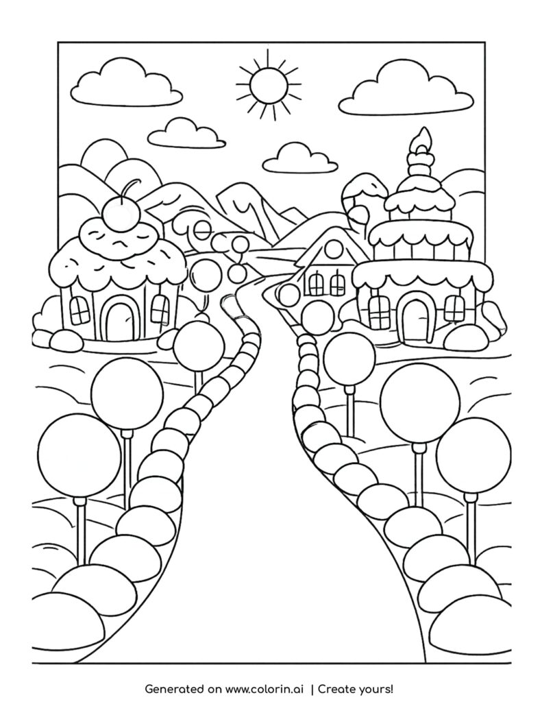 candy village with cake houses coloring page with path and sweet landscape