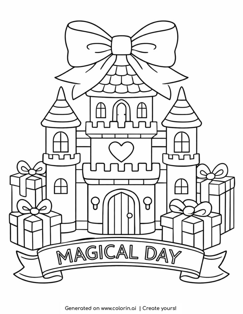 castle with bow and gifts coloring page featuring a toy castle with presents and banner