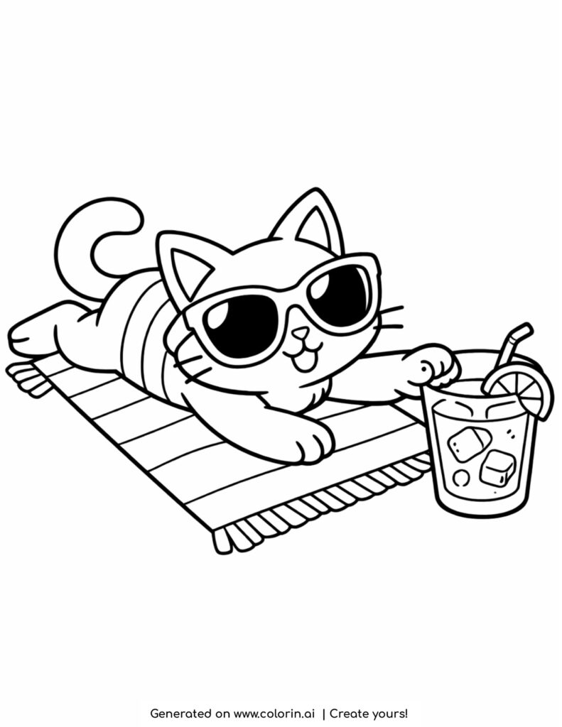 cat relaxing on towel with drink coloring page with sunglasses and cold beverage