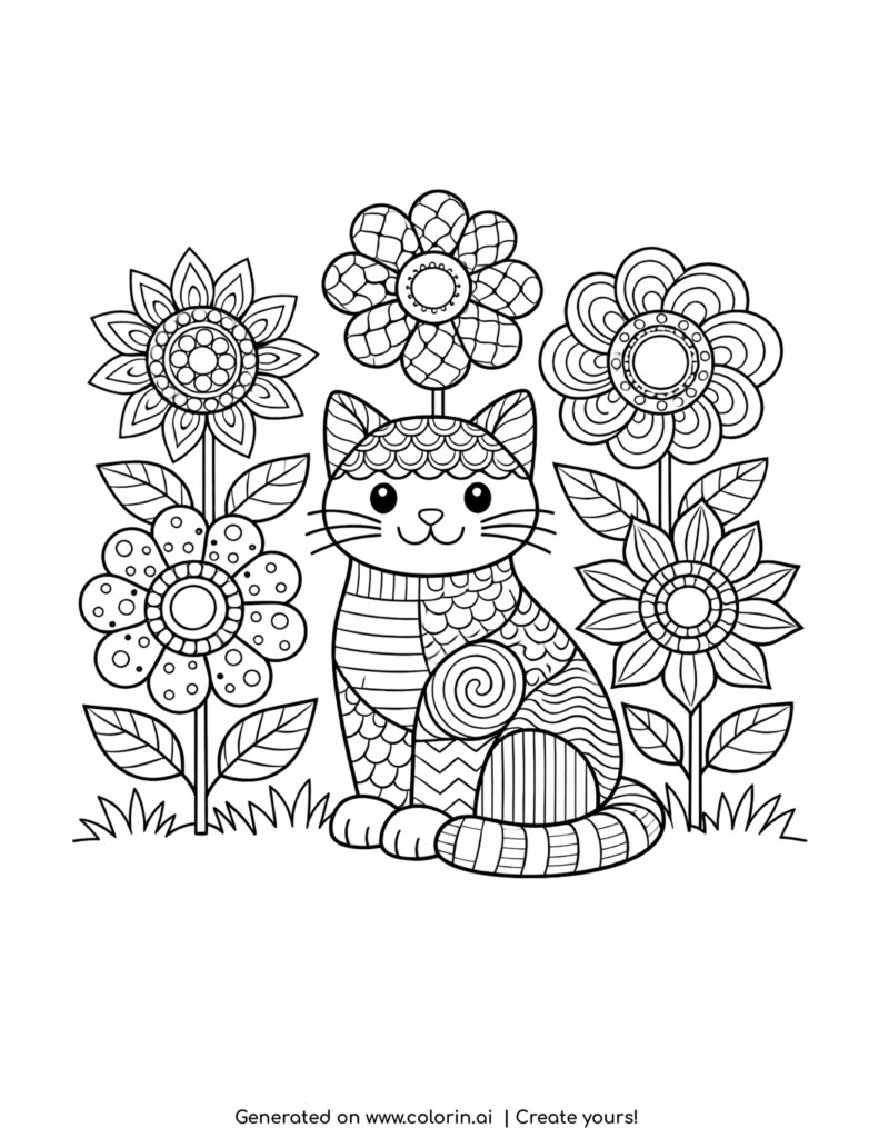 cat sitting among patterned flowers cute detailed illustration coloring page