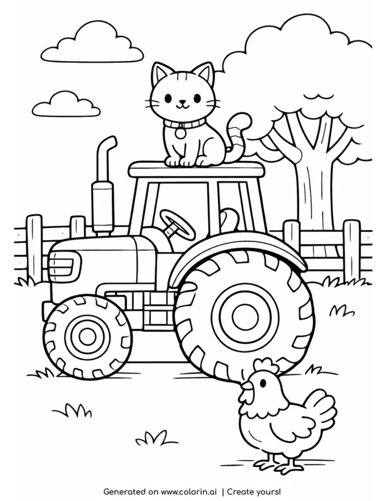 cat sitting on tractor with chicken coloring page with fence and tree