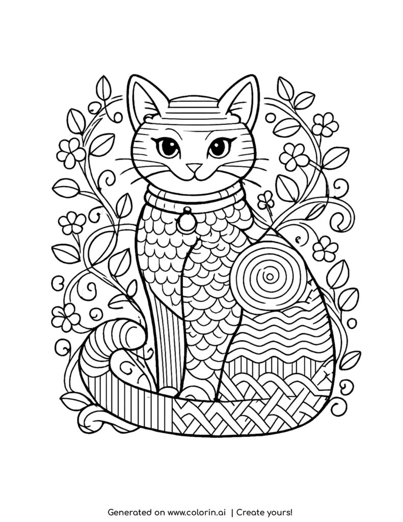 cat sitting with curled tail coloring page with floral zentangle patterns