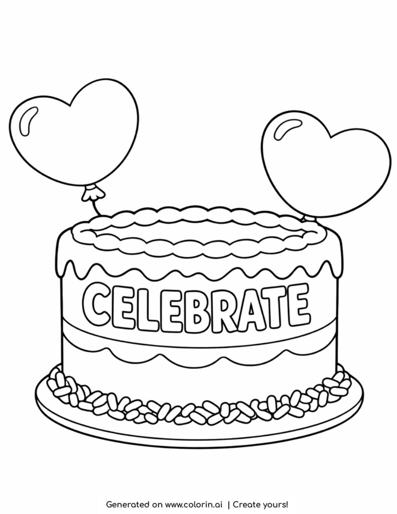 celebrate cake with heart balloons coloring page with sprinkles and decorated frosting