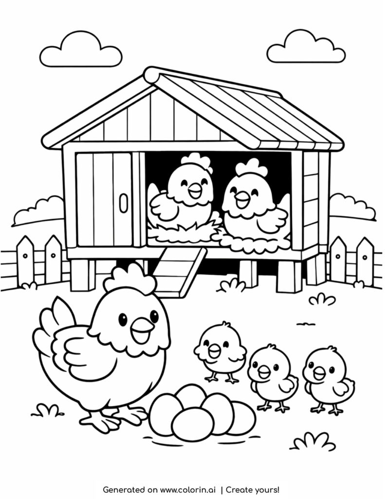 chicken coop with hens chicks and eggs cute farm scene coloring page