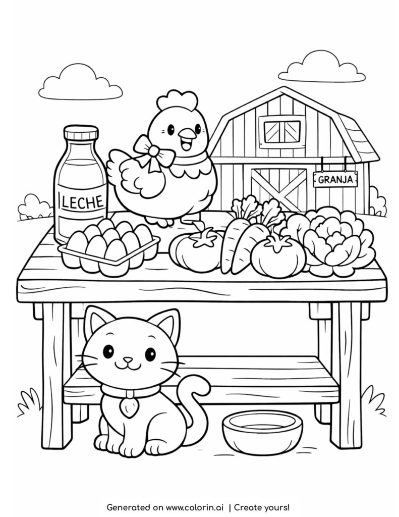 chicken on farm table with vegetables coloring page with milk eggs and cat