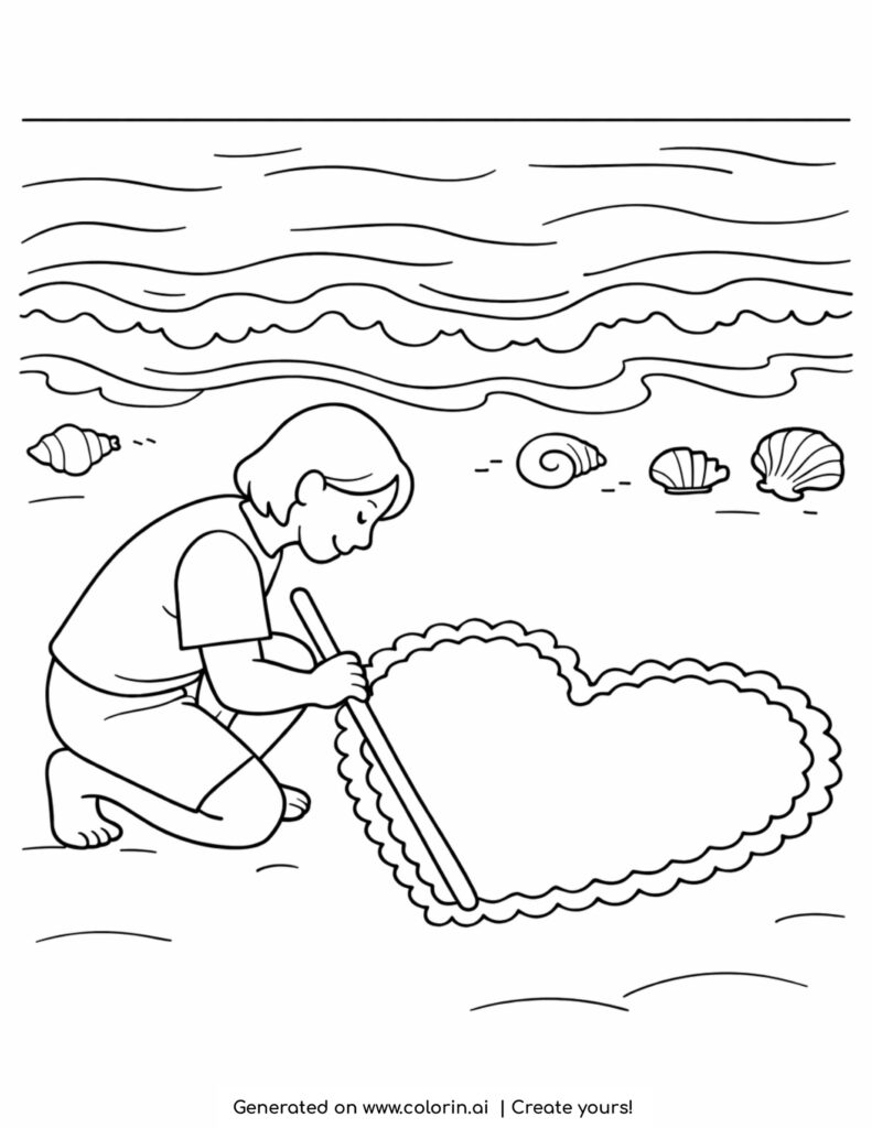 child drawing heart in sand coloring page with ocean waves and shells